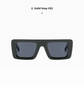 Front view of solid grey rectangular sunglasses with matte black frames and grey lenses