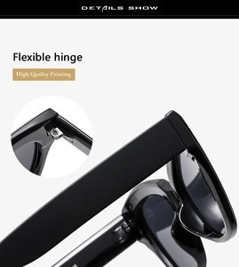 Close-up of flexible hinges and high-quality paint on black butterfly frame sunglasses