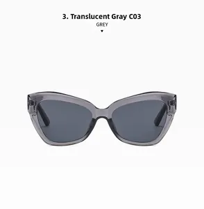 Detail view of transparent grey cat-eye sunglasses with dark grey lenses and C03 color code