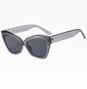 Detail view of cat eye sunglasses with grey translucent frame and metal hinges