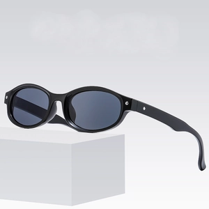 Retro oval black frame sunglasses with dark grey lenses for y2k hip-hop street style