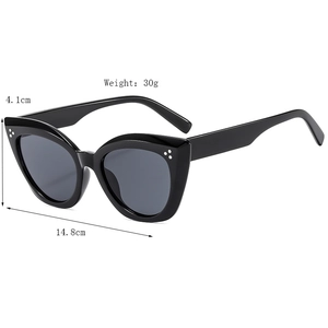 Glossy black cat-eye sunglasses with silver rivets and dark grey lenses for a retro look