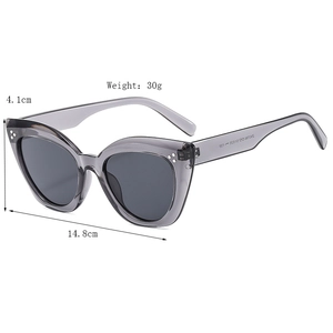 Fashionable narrow cat-eye sunglasses with grey-purple frame and dark lenses