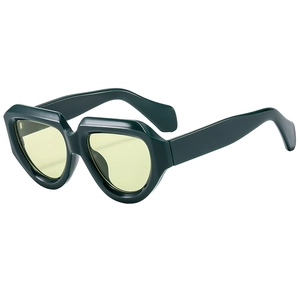 Chunky dark green geometric sunglasses with transparent yellow lenses for men and women
