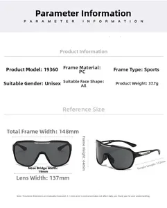 Detailed size specifications of black outdoor sports sunglasses with dimensions and frame material