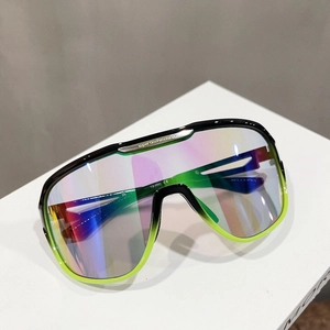 Detail of multi-color mirrored lenses and metal top bar on oversized sports sunglasses