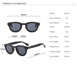 Detailed size chart and specifications for neutral black PC frame sunglasses