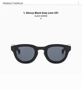 Detail of bright black full-frame sunglasses with high-gloss finish and dark gray lenses