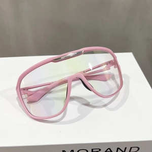Macro shot of pink sports sunglasses with metal top bar and anti-slip silicone nose pads