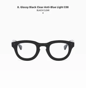 Close-up of gloss black full-frame glasses with clear anti-blue light lenses