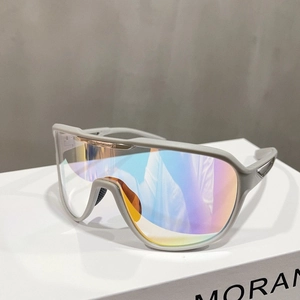 Detail of matte gray sports sunglasses with oversized iridescent mirror shield lenses