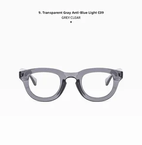 Detail view of transparent grey square frames with anti-blue light clear lenses
