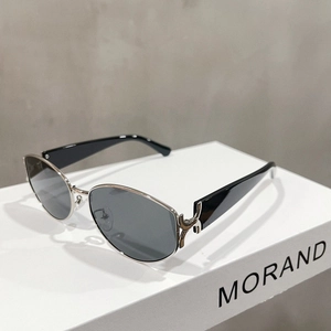 Detail of silver metal frame and wide black temples on cat-eye sunglasses
