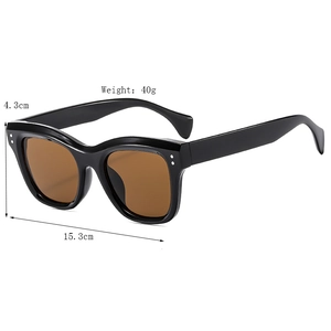 Modern square frame sunglasses with brown lenses and black frame including size labels