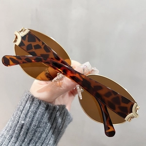 Detailed view of tortoiseshell temple with a gold C-shaped metal link on sunglasses