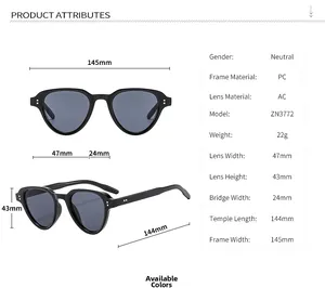 Detailed size chart for retro square sunglasses with PC frame and AC lens dimensions