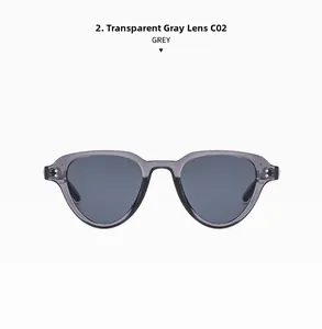 Close-up of C02 sunglasses featuring transparent grey frames and grey lenses