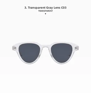 Detail view of transparent grey sunglasses frame with silver rivets and dark lenses