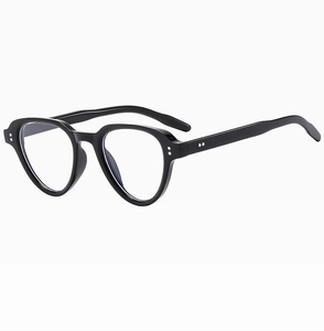 Detailed macro view of black resin geometric frames with silver double rivet metal accents