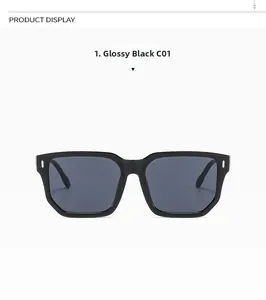 Detail of glossy black square sunglasses frames with premium dark grey lenses