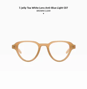 Detailed view of jelly brown clear retro round frames with anti-blue light lenses