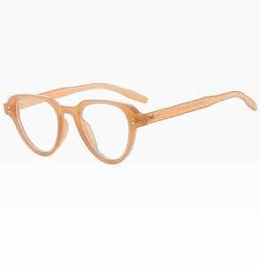 Detailed side view of honey translucent eyewear frame with metallic rivets and temple specs