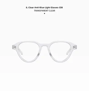Detail view of transparent Boston frame sunglasses with anti-blue light lens technology