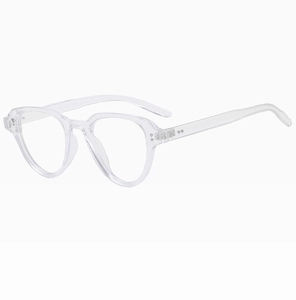 Close-up of transparent retro sunglasses showing silver rivets and high-quality resin frame