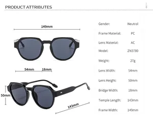 Detailed size chart for retro oversized sunglasses showing frame and lens dimensions