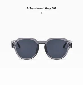 Close-up of translucent grey vintage oversized sunglasses frame with gray lenses