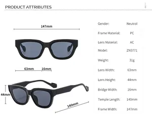 Detailed size chart for retro round frame sunglasses showing PC frame and AC lens dimensions