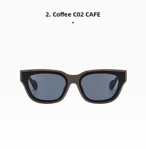 Detail view of coffee brown cat-eye sunglasses with dark grey lenses and retro frame