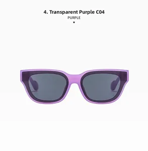 Detail view of transparent purple square sunglasses with grey lenses and C04 color code