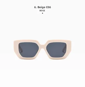 Dettaglio degli occhiali da sole geometrici beige modello C06 con lenti grigie e montatura spessa