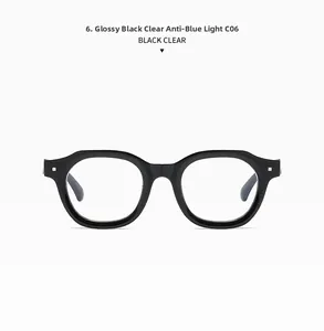 Detail view of bright black anti-blue light glasses with clear lenses and C06 frame model