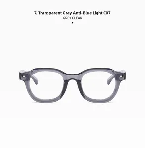 Detail view of transparent grey retro eyewear frames with metal studs and anti-blue light lens