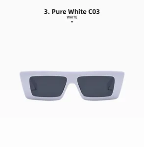 Detailansicht der weißen rechteckigen Sonnenbrille mit dunklen Gläsern und Design