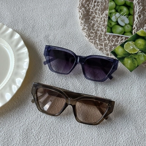 Gros plan de lunettes de soleil carrées violettes et brunes avec verres dégradés