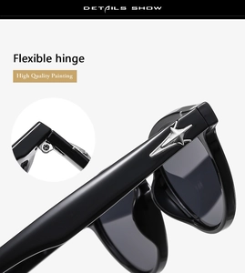 Detail view of oval sunglasses featuring a flexible hinge and silver star metal ornament