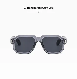 Detailed view of transparent grey square sunglasses frame and premium dark grey lenses