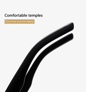 Detail of glossy black oval sunglasses temples with curved anti-slip ergonomic design
