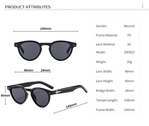 Detailed size chart of oval frame sunglasses with star detail on the temples