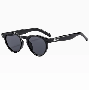 Close-up of black oval sunglasses featuring silver star ornaments on the temples