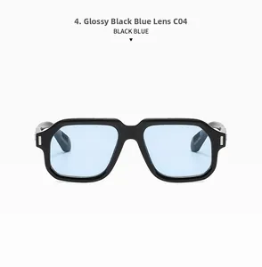 Detail of pilot sunglasses with glossy black frame and light blue lenses and silver hinges