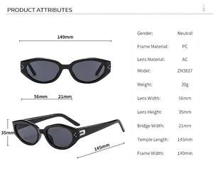 Size chart for oval cat-eye sunglasses with detailed PC frame and AC lens dimensions