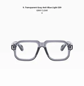 Detail view of transparent gray square frame anti-blue light glasses with C09 model number