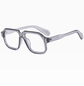 Detailed close-up of retro square sunglasses with grey translucent frame and dot rivets