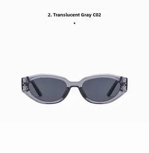 Front view of transparent grey cat eye sunglasses featuring dark grey lenses in detail