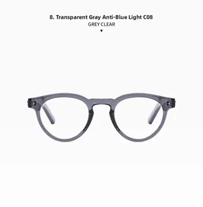 Detail of transparent grey oval frame sunglasses with anti-blue light clear lenses C08