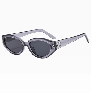 Detail view of oval sunglasses with metallic accents on the translucent resin temples